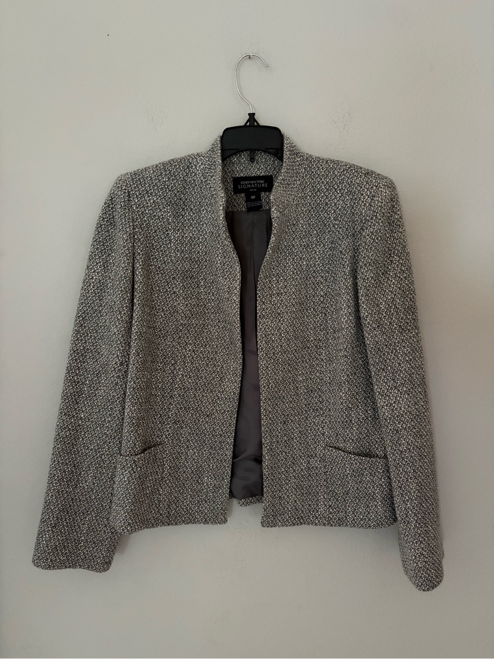 Jones New York Tweed Blazer 4P Wool Blend Open Front Moto Jacket Petite Grey